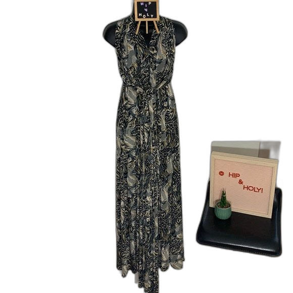 SAVANNAH STUDIO Halter Wrap Cut Out Maxi Dress Black Green Size Small - Picture 2 of 9